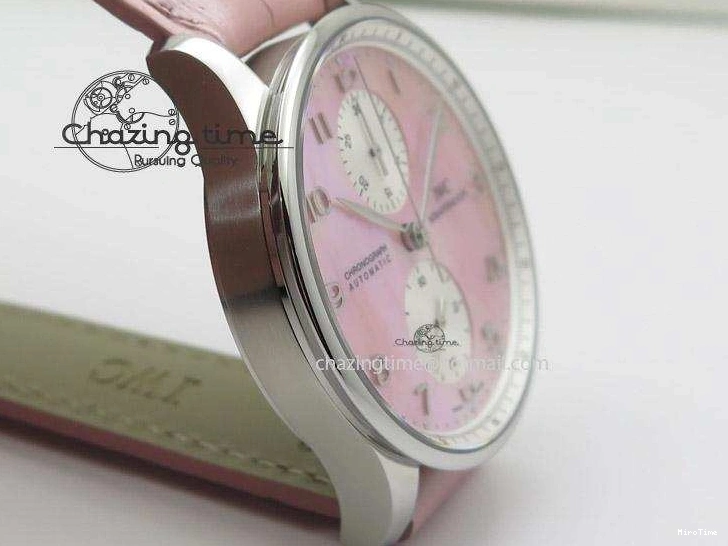 MIROTIME 0311 Portuguese 40mm Chrono SS Pink MOP Dial on Pink Leather Strap A Reliable 7391